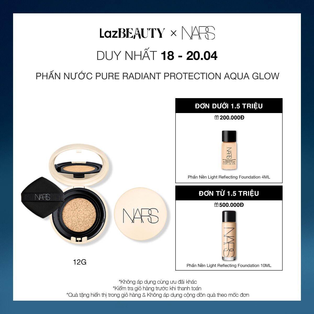 [18-20.04 | QUÀ TẶNG ĐẾN 500K] Phấn nước trang điểm nền NARS Pure Radiant Protection Aqua Glow Cushion SPF 50+/PA+++ 12g + Hộp nhựa đựng phấn cushion NARS Pure Radiant Protection Aqua Glow Compact