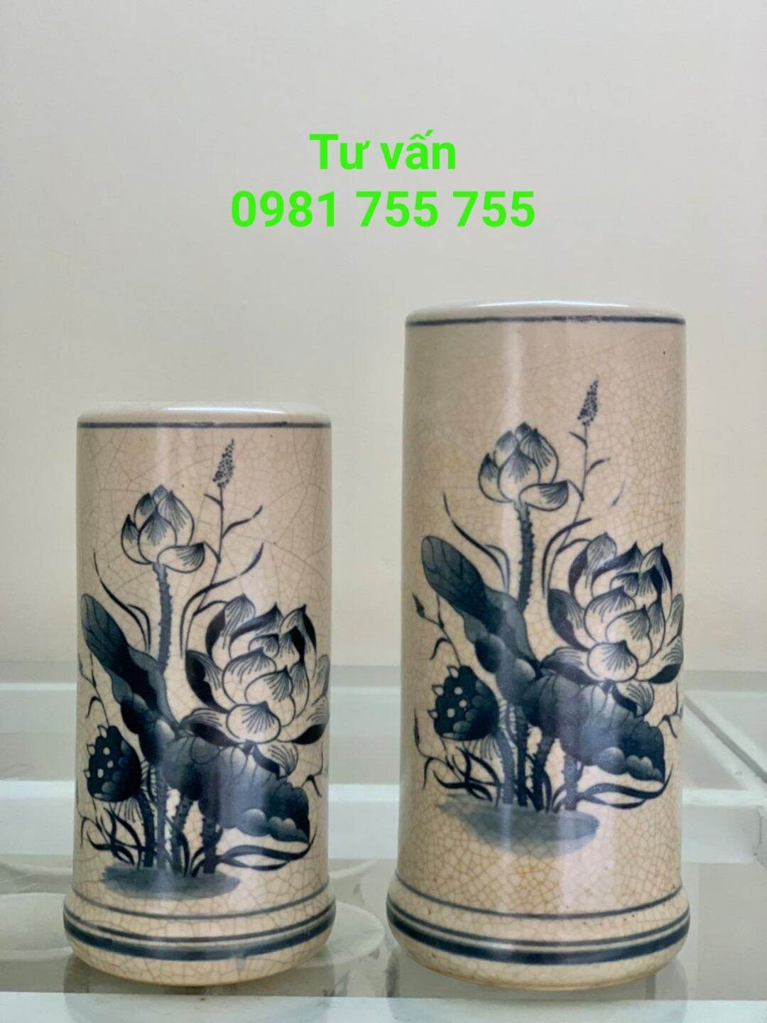 Ống hương men rạn vẽ hoa sen,ống cắm hương gốm sứ bát tràng hàng loại 1