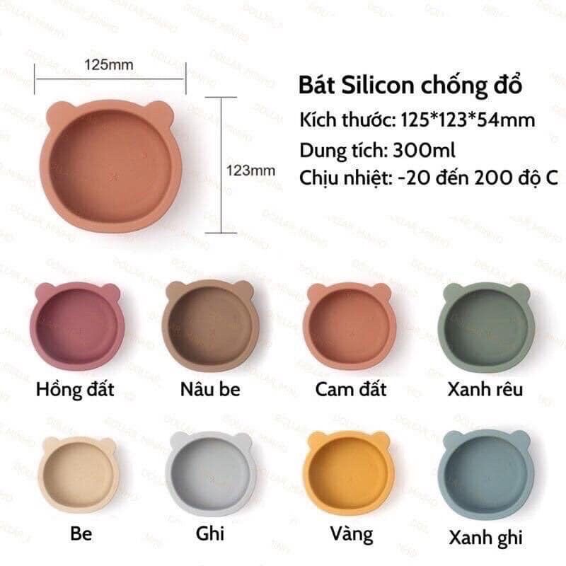 Bát ăn dặm Silicon kèm thìa có đế hít chân không chống lật hình gấu, Bát thìa ăn dặm cho bé silicon chống đổ