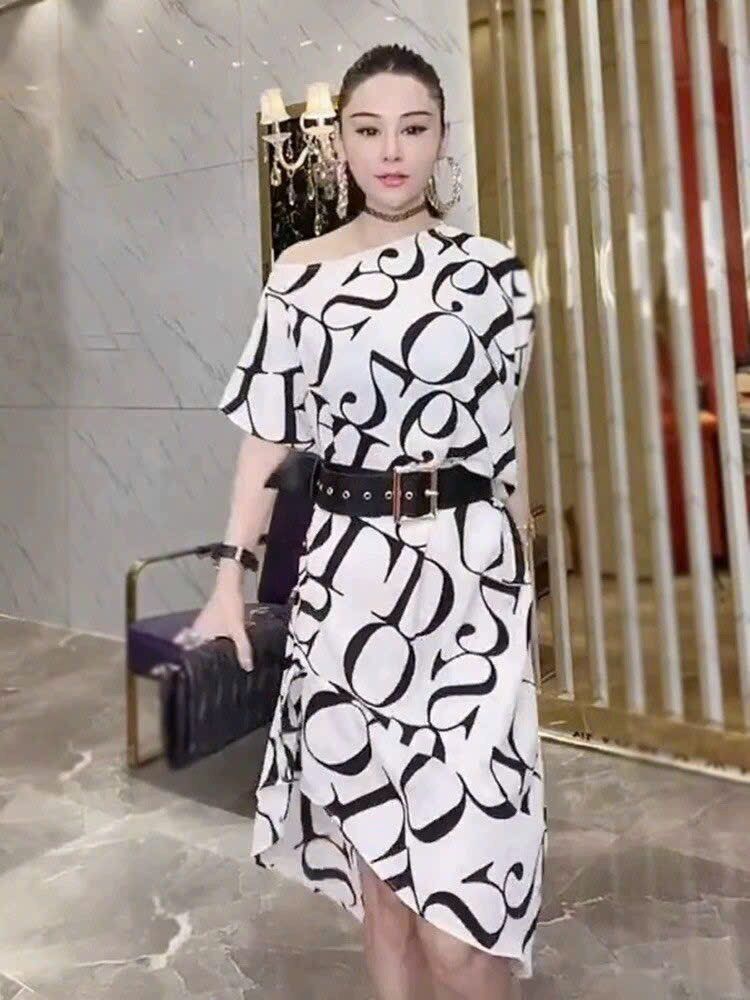 Đầm Lụa Mịn Hoạ Tiết Kèm Thắt Lưng Hàng Nhập Quảng Châu