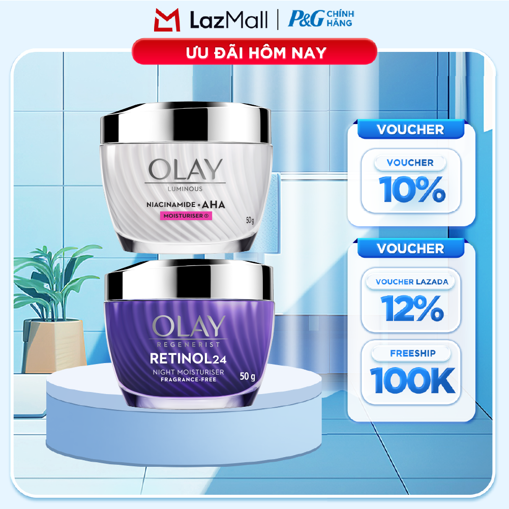 Combo Kem Dưỡng Ban Ngày OLAY LUMINOUS NIACINAMIDE AHA Dưỡng Sáng Da Hũ 50G + Kem Dưỡng Ban Đêm OLAY RETINOL24 Giúp Giữ Nét Tươi Trẻ Cho Da  Mờ Nếp Nhăn Hũ 50G