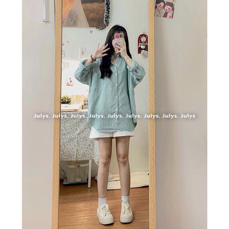 Áo sơ mi kẻ oversize dáng rộng tay rơi túi ngực Pea Store