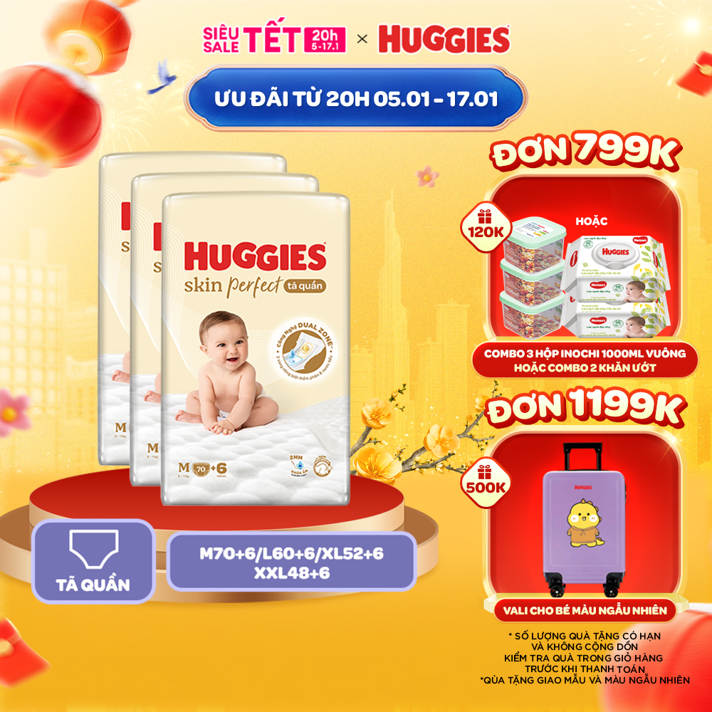 Combo 3 gói Tã/ Bỉm quần Huggies Skin Perfect Super Jumbo M70+6/L60+6/XL52+6/XXL48+6 miếng Với 2 Vùng Thấm Giảm Kích Ứng Da - Bao Bì Rồng