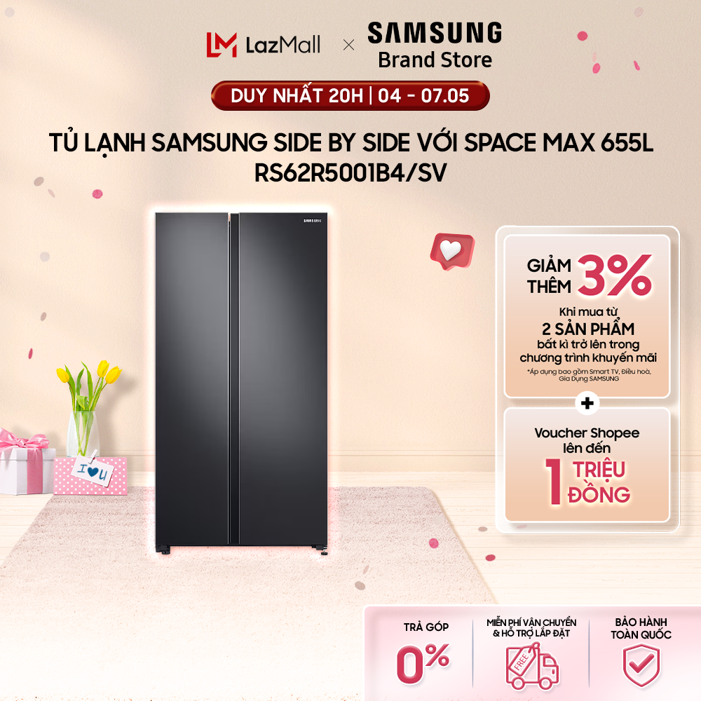 [Miễn phí lắp đặt + Freeship] Tủ Lạnh Samsung Side by Side với SpaceMax 655L màu Đen RS62R5001B4/SV