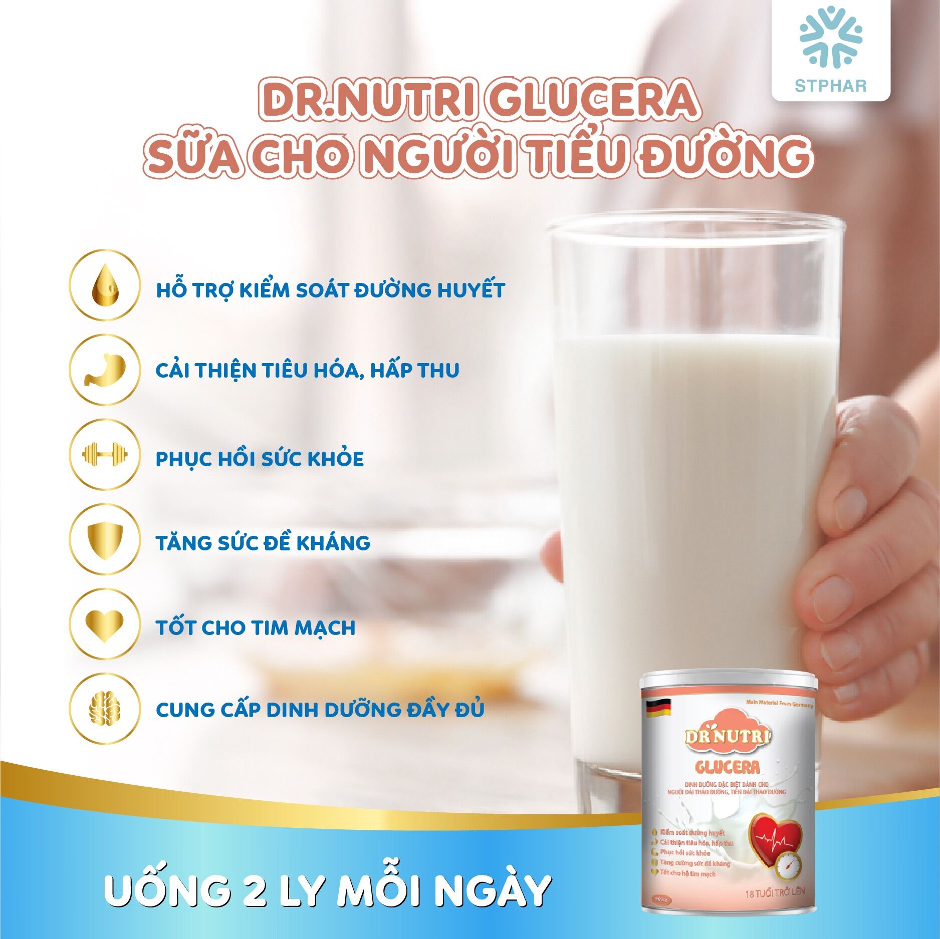 Sữa bột cho người tiểu đường Dr Nutri Glucera 900g BCA Smart Consumption,  cung cấp dinh dưỡng ổn định đường huyết HL02 ,tặng 1 ly thủy tinh cao cấp  20k. - Hỗ
