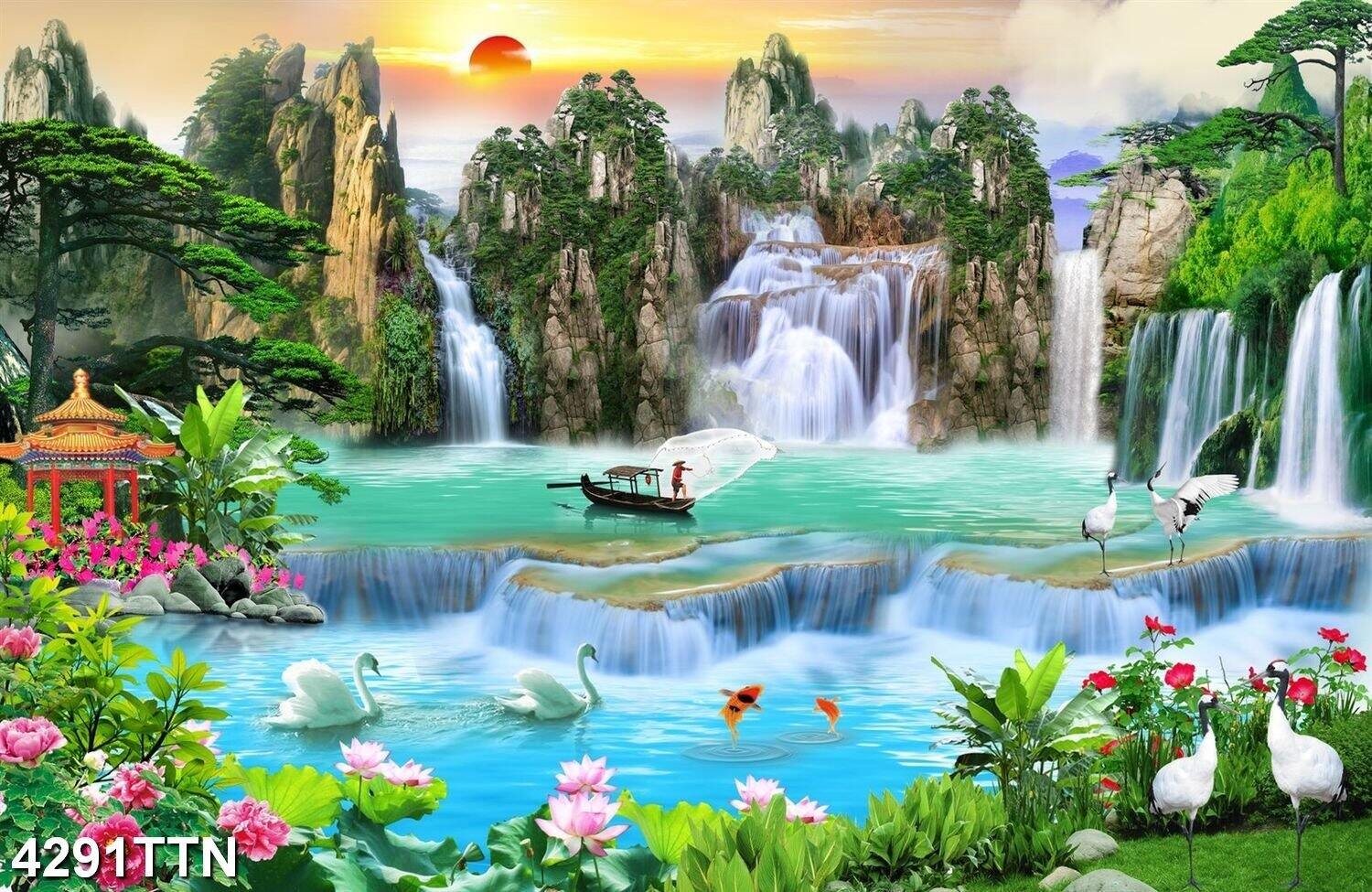 TRANH DÁN TƯỜNG 3D SƠN THỦY HỮU TÌNH 4291TTN - TRANH PHONG CẢNH THÁC NƯỚC