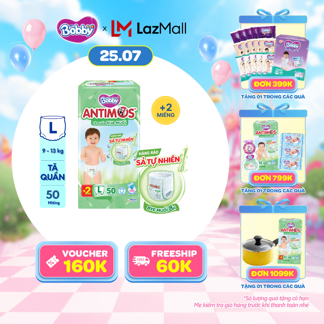 [SALE CUỐI THÁNG QUÀ TO][TẶNG KÈM 2 MIẾNG] Tã Quần Xua Muỗi Bobby Antimos – Hàng rào Sả tự nhiên Bye Muỗi 8H - Size L 50 miếng