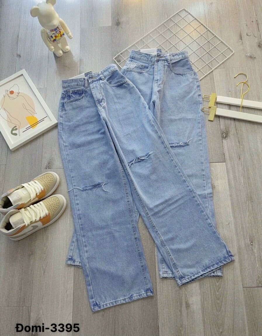 Baggy Jeans Lưng Cao Ống Suông Rách Gối