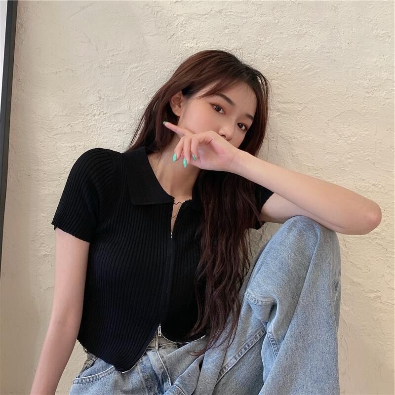 [HCM]ÁO CROPTOP TAY NGẮN DÂY KÉO HAI CHIỀU