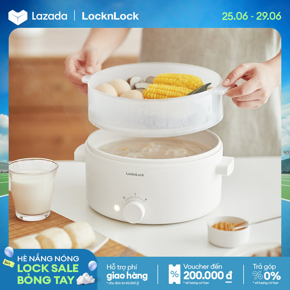 Nồi điện đa năng 2 tầng Bianco LocknLock Electric multipot -  Màu ngà 3L (EJP124IVY) & 5L(EJP134IVY) - 2 tầng, hấp trên nấu dưới, nắp trong suốt