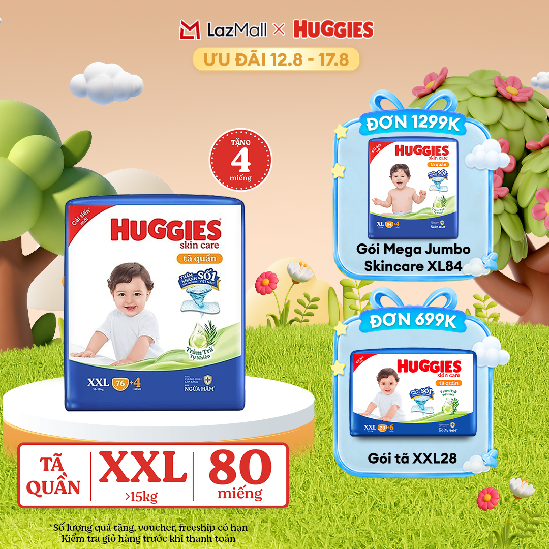 [12-17.08 GIẢM THÊM 90K]  Gói Tã/bỉm quần HUGGIES SKINCARE MEGA JUMBO size XXL76+4 miếng