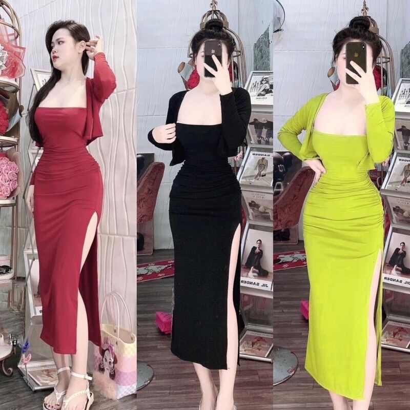 SÉT ÁO KHOÁC KÈM ĐẦM BODY XẺ DBD77