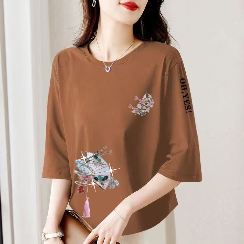 Áo Thun Tay Lửng in Họa Tiết Phong Cách Trung Hoa Rộng Rãi Cho Phụ Nữ Trung Niên Và Cao Tuổi Mùa Hè Thường Ngày