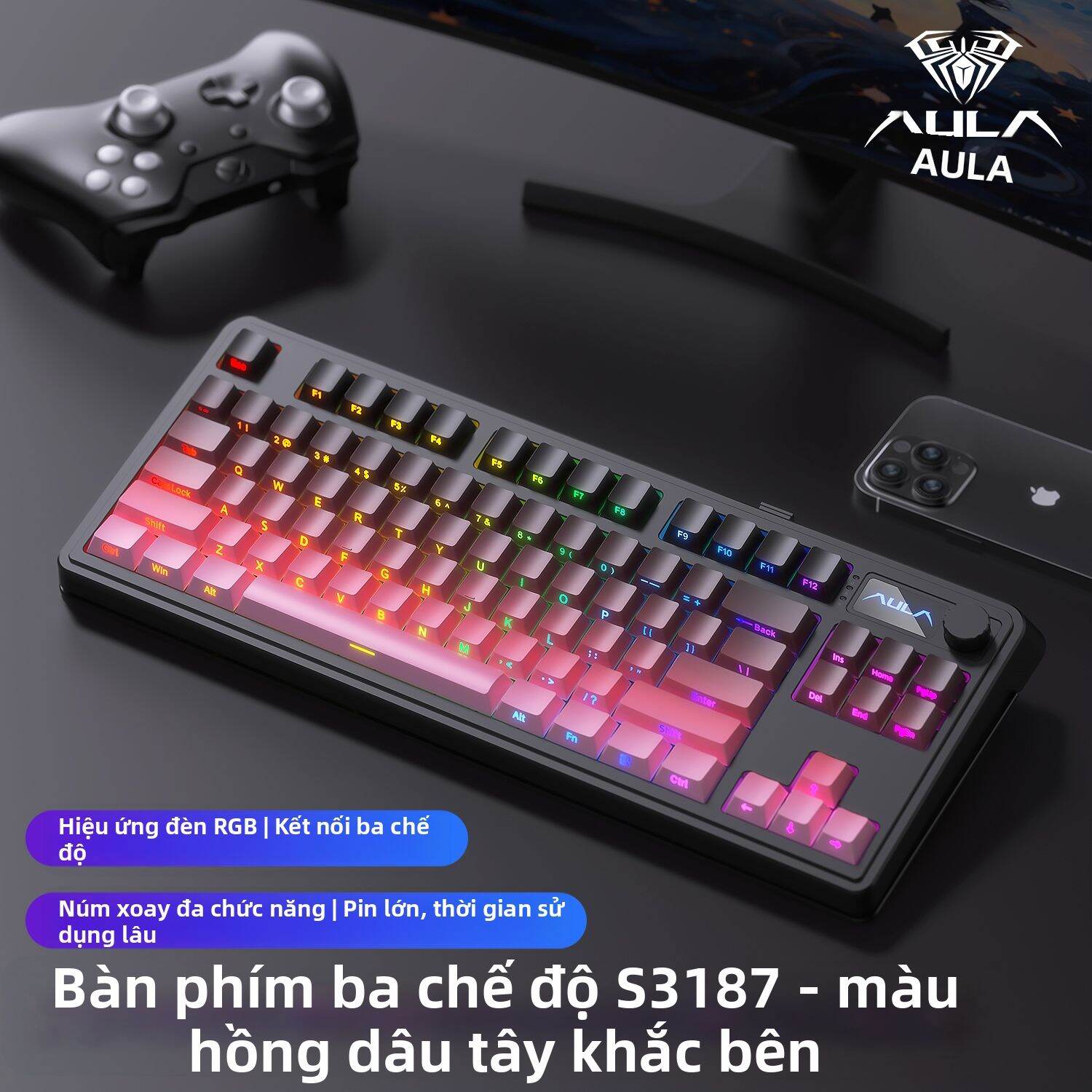 AULA | Bộ Bàn Phím và Chuột Gaming Không Dây (Bluetooth/2.4G/Dây) S3187, Đèn RGB, Thiết Kế Di Động, Hiệu Suất Cao Cho Gaming và Văn Phòng