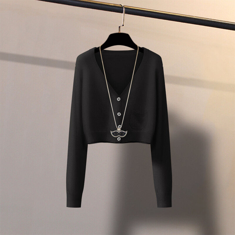 2023 Phong Cách Hàn Quốc Dệt Kim Áo Khoác Cardigan Nữ Mùa Xuân Mùa Thu Retro Mỏng Cổ Chữ V Cao Siêu Ngắn Vòng Eo Belly露thời Trang Áo Khoác Ngoài