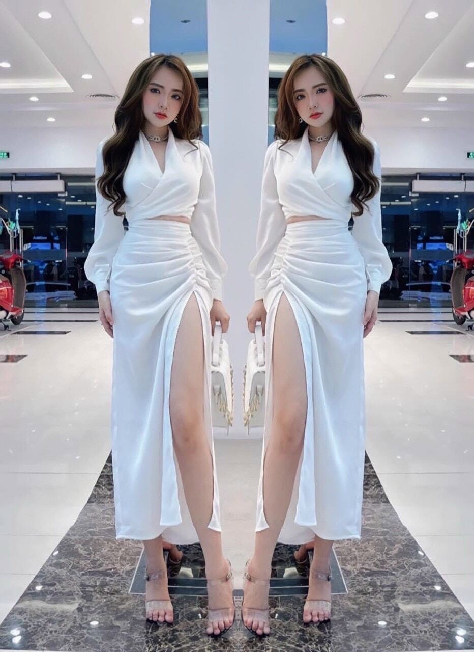 Set áo cổ chéo + váy xẻ tà