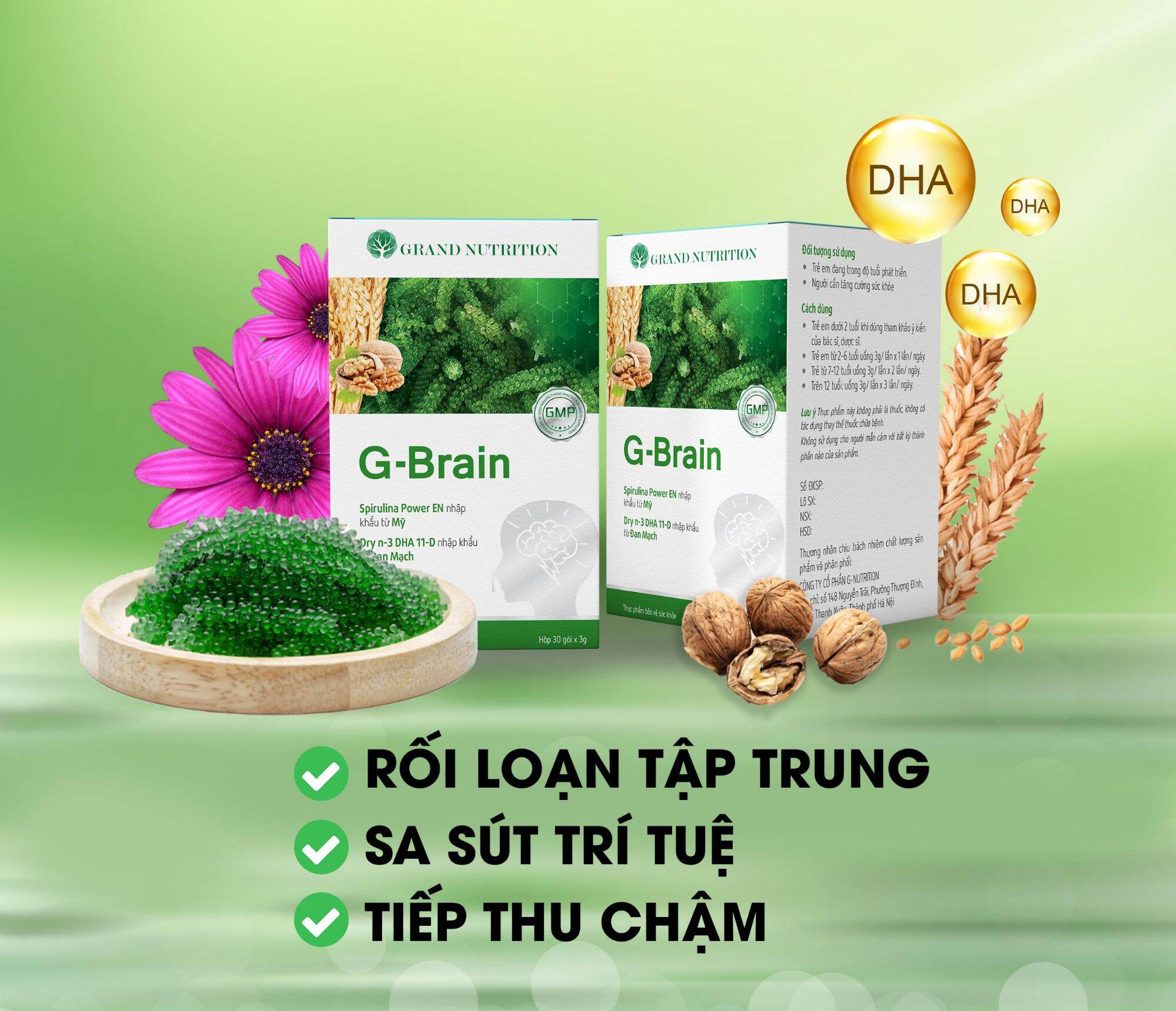 Combo 4 hộp Gbrain - Cốm Trí Não G brain (dứt điểm tình trạng rối loạn tập trung, sả sút trí tuệ, tiếp thu chậm)