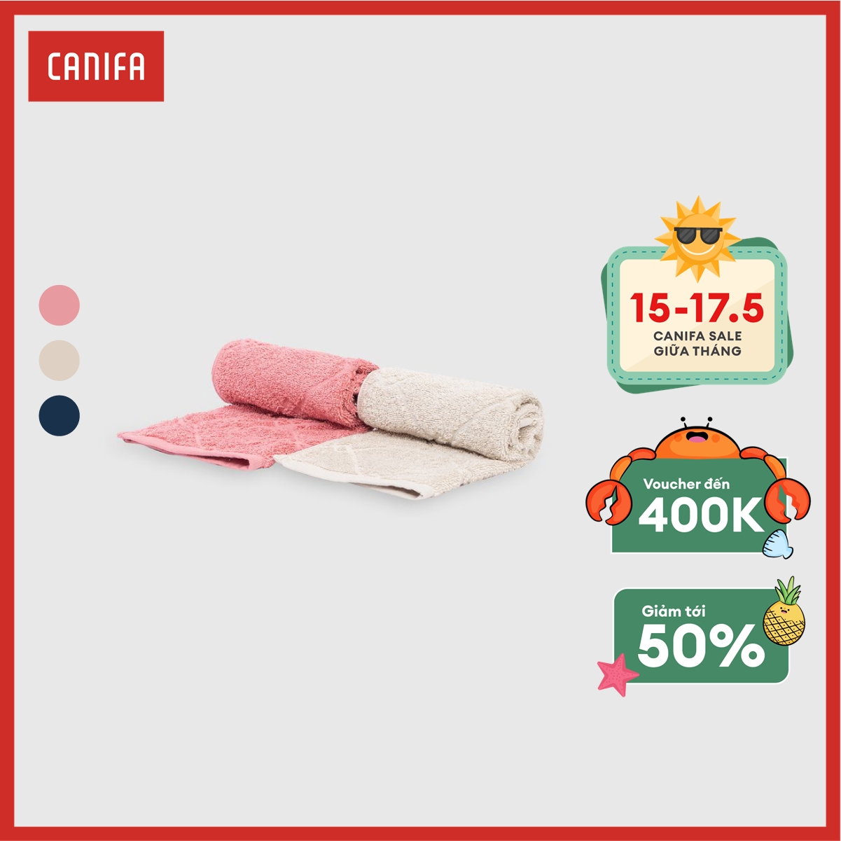 Khăn mặt canifa combo 2 khăn mặt chất liệu 100% cotton mềm mại.kích thước 50x30cm 9ha23a005