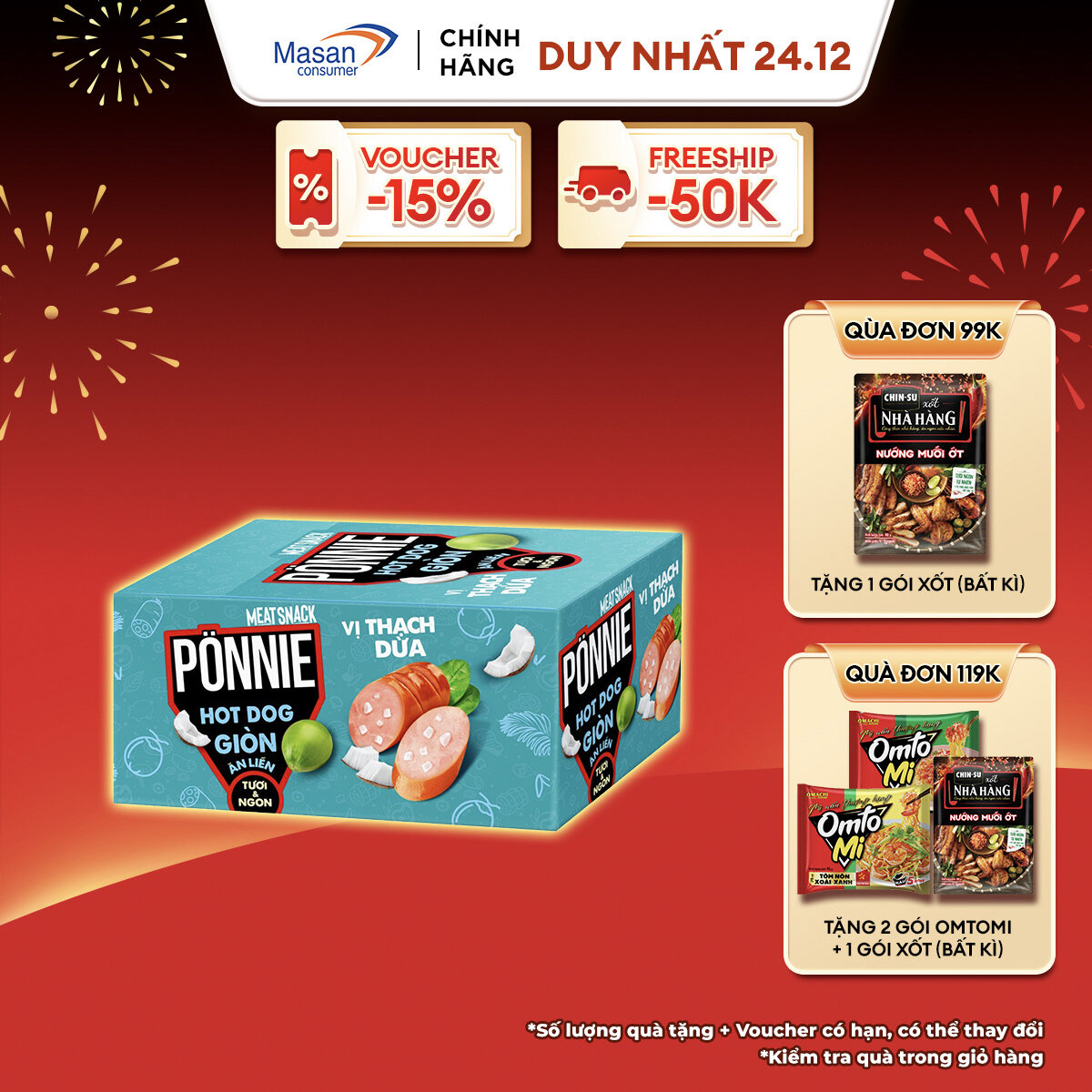 [VC 20% ĐƠN 199K] Ponnie Hot Dog Giòn Ăn Liền Vị Thạch Dừa Hộp X 20 Cây X 28G