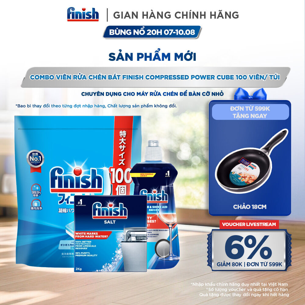 Combo Finish: Viên Rửa Chén Finish Nhật Bản Power Cube 100 Viên + Nước làm bóng Finish 500ml + Muối rửa chén 2kg