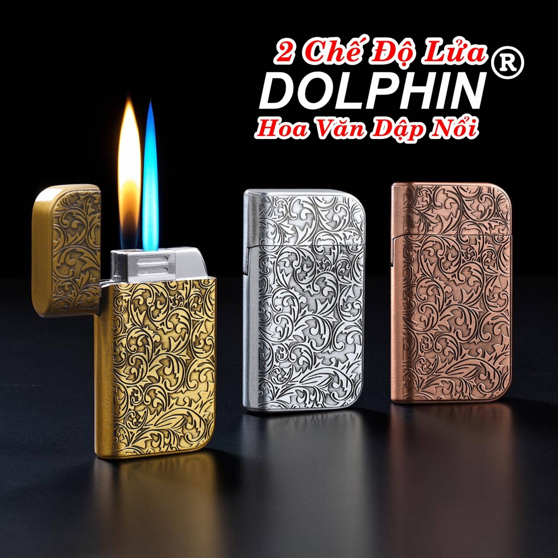 hộp quẹt bật lửa ga dophin 2 chế độ đánh lửa thiết kế hoa văn dập nổi