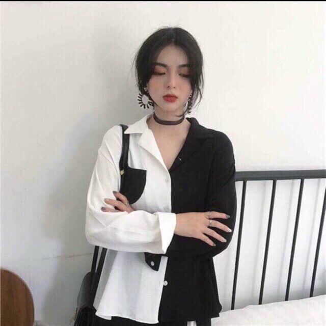 Áo sơ mi kiểu áo sơ mi phối hai màu from dưới 50kg