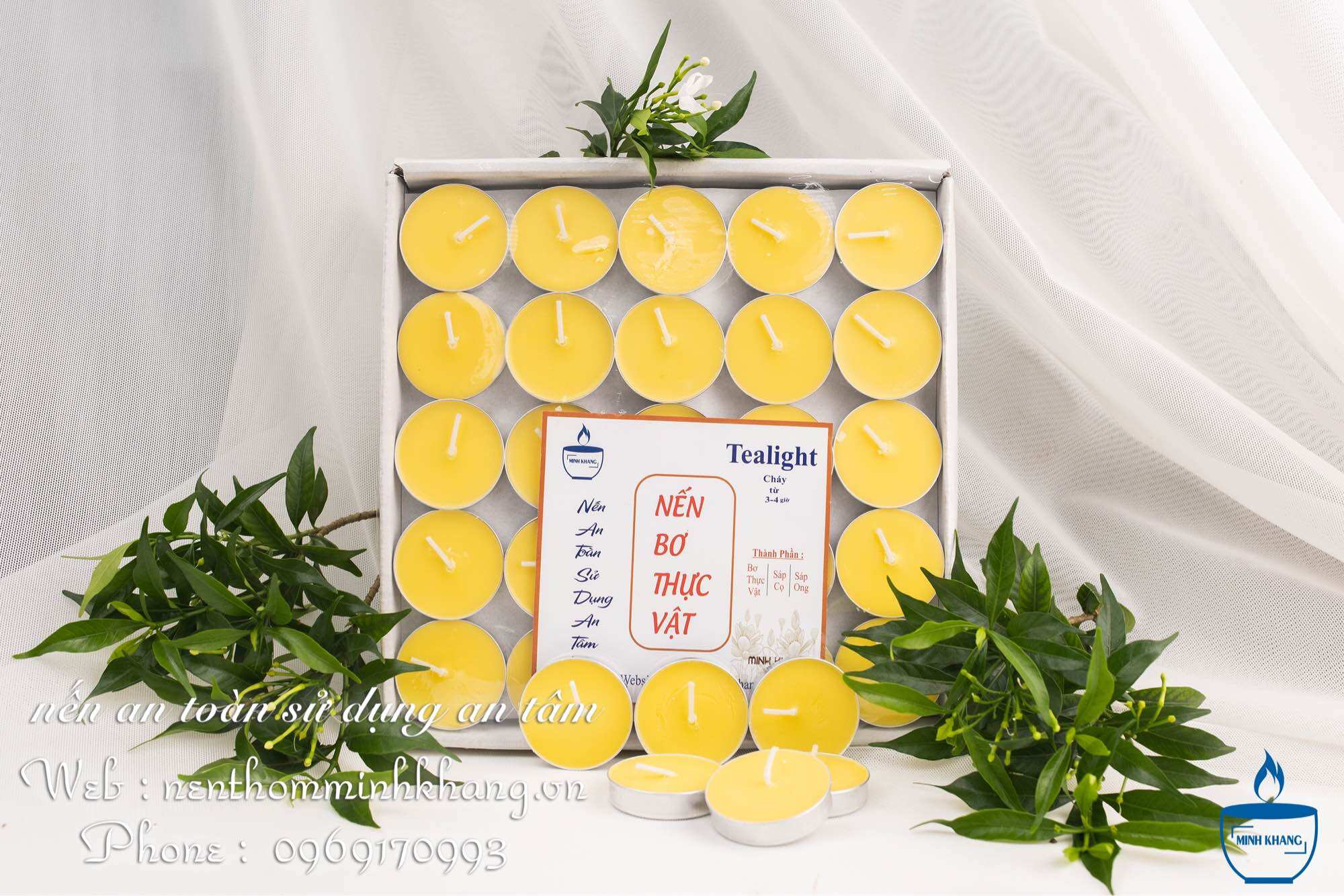 Nến Bơ Tealight cao cấp Minh Khang, nến bơ Organic hộp 100 viên cháy 2-3giờ