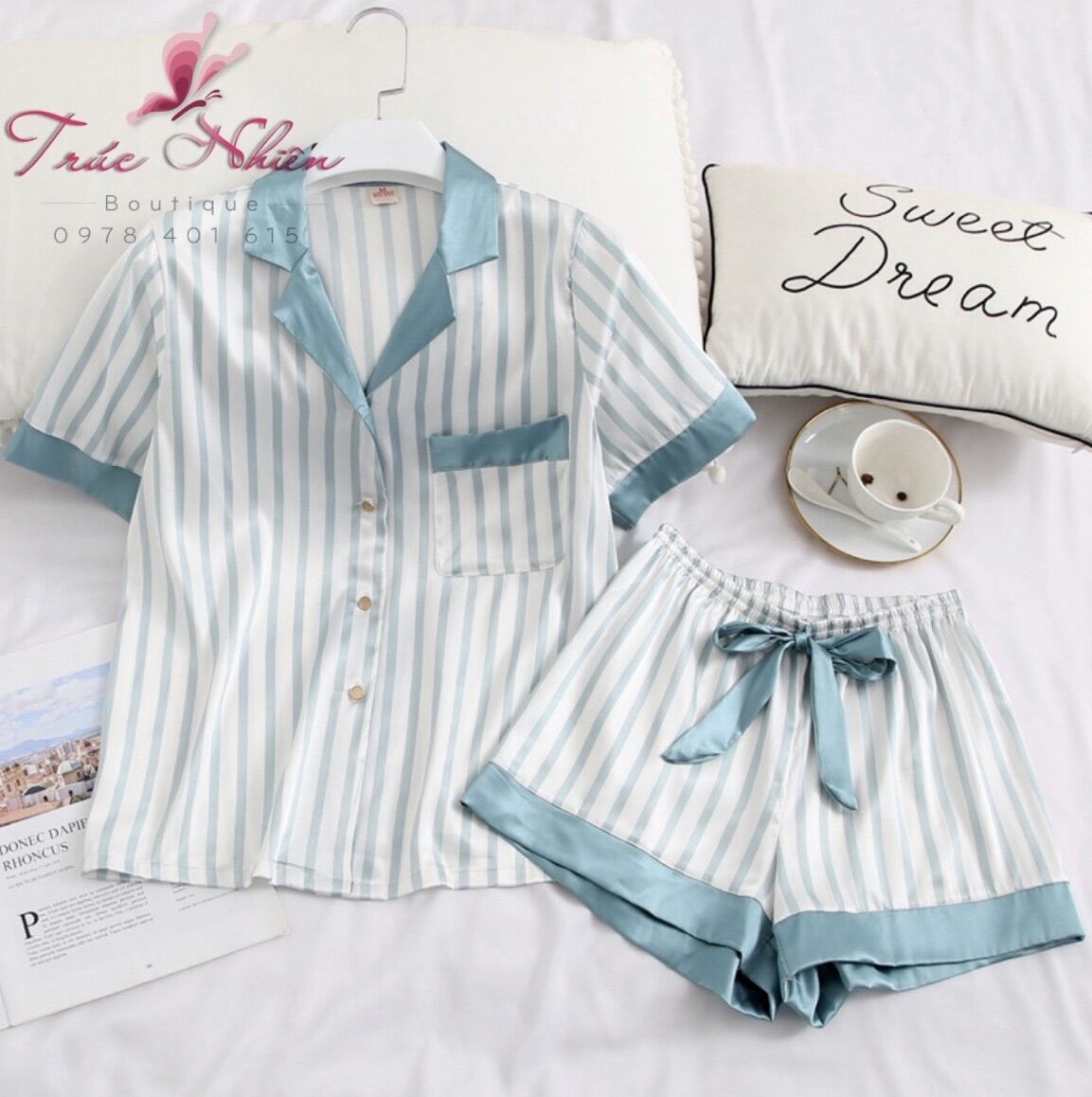 [HCM]Pizama Lụa Cao Cấp sọc cổ phối màu Tay Ngắn quần đùi  - P498