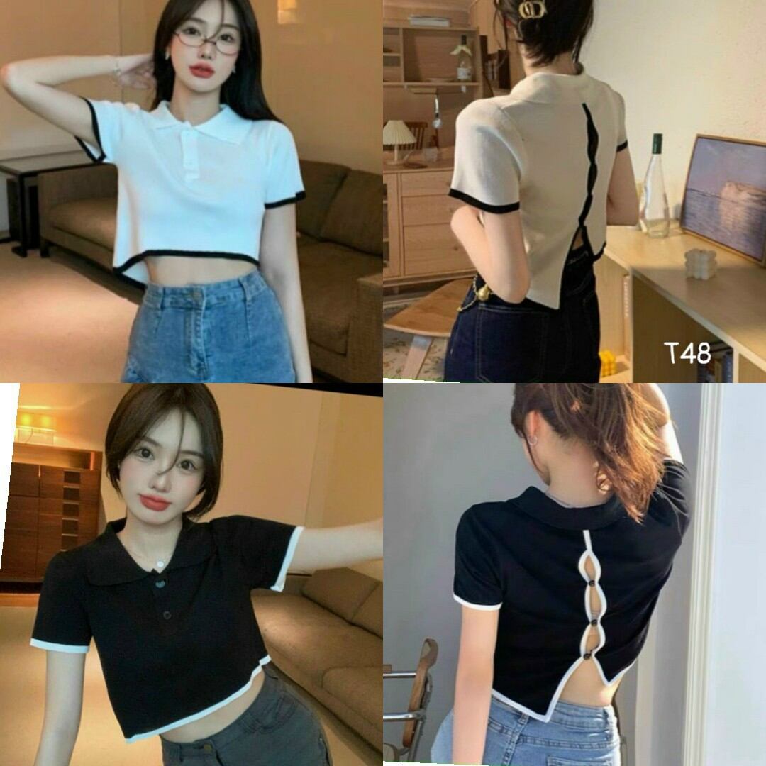 Áo cổ bẻ tà xéo hở lưng croptop thun porip