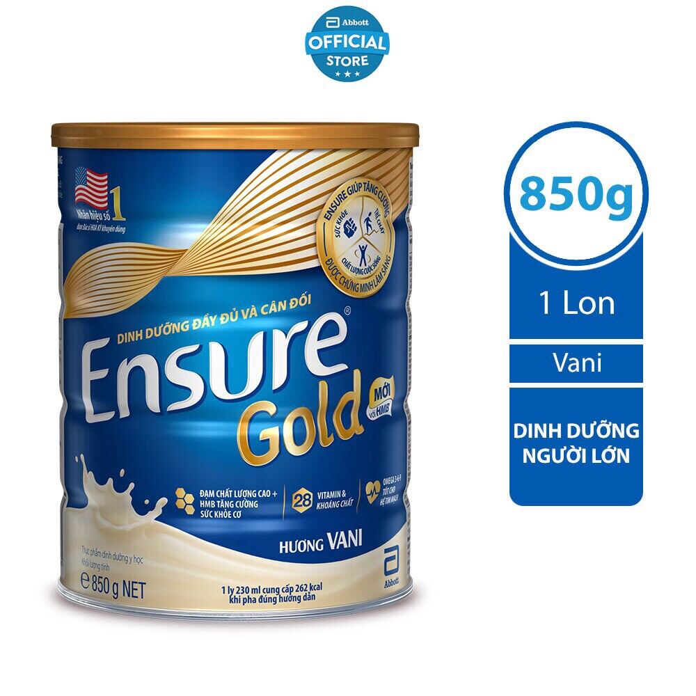 Sữa bột Ensure Gold Abbott hương vani/ Hạnh nhân/Lúa mạch/ Cà phê (HMB) 850g