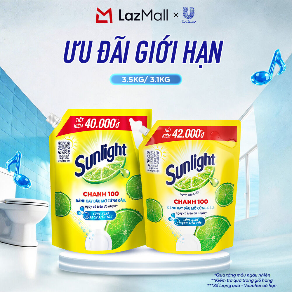 Nước Rửa Chén Bát Sunlight Chanh 100 Sạch Nhanh Xả Bọt Nhanh Rửa Sạch Dầu Mỡ | Túi 3.5KG/3.1KG