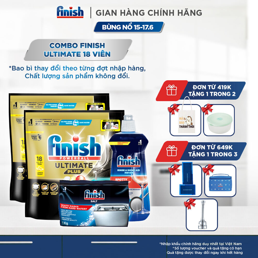 Combo 2 Viên rửa chén Finish Ultimate 18 viên + Nước làm bóng Finish 500ml + Muối rửa chén Finish 1kg