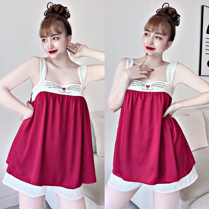 Đồ ngủ nữ 2 dây mặc nhà dễ thương, bộ ngủ cao cấp chất kate lụa mềm mát