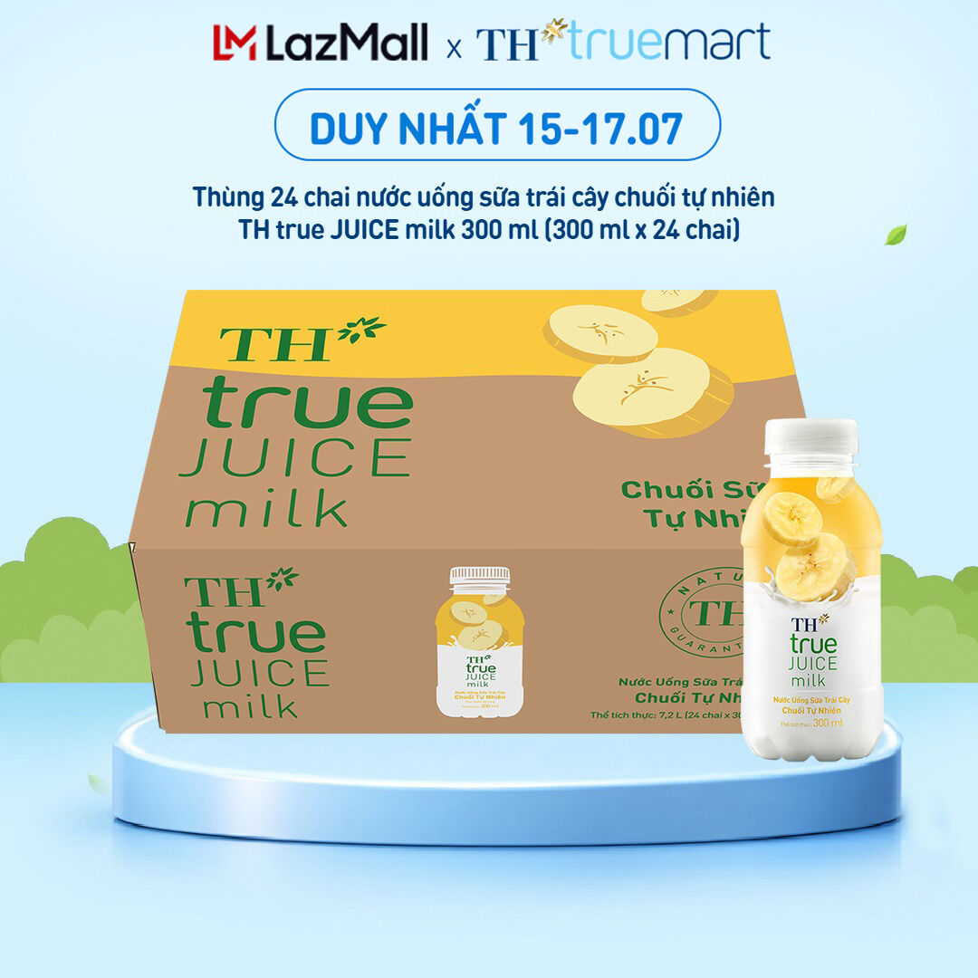 Thùng 24 chai nước uống sữa trái cây TH true JUICE milk vị chuối tự nhiên 300 ml (300 ml x 24)