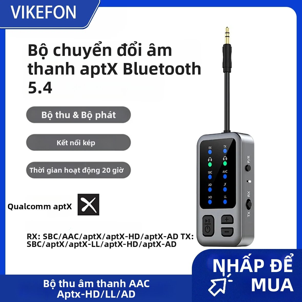 Bộ Thu Phát Âm Thanh Bluetooth 5.4 AAC Aptx-HD/LL/AD Bộ Chuyển Đổi Âm Nhạc Không Dây Aux 3,5mm Kết Nối Kép Cho Phòng Tập Thể Dục Trên Ô Tô
