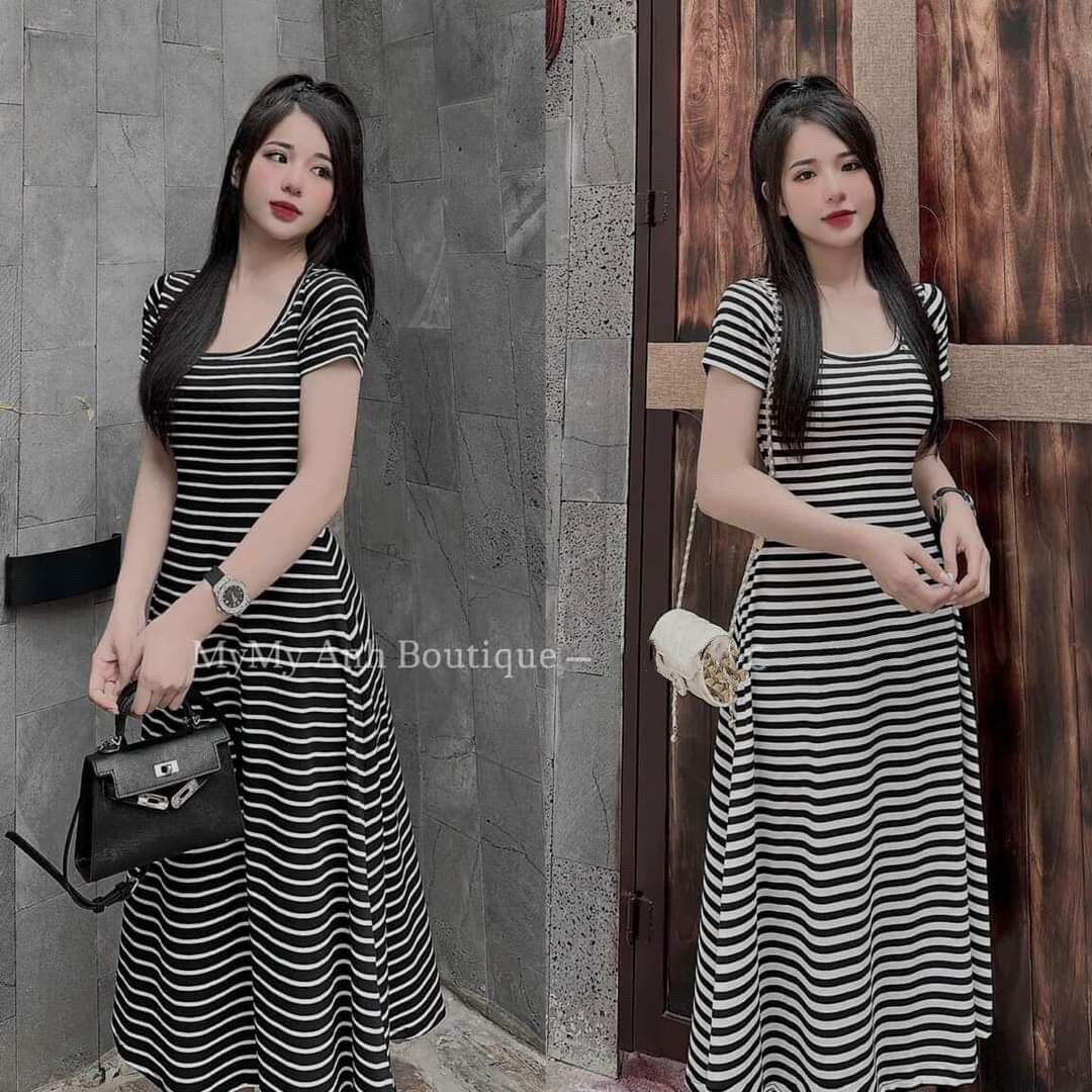 Đầm kẻ sọc body dáng maxi dài cổ vuông