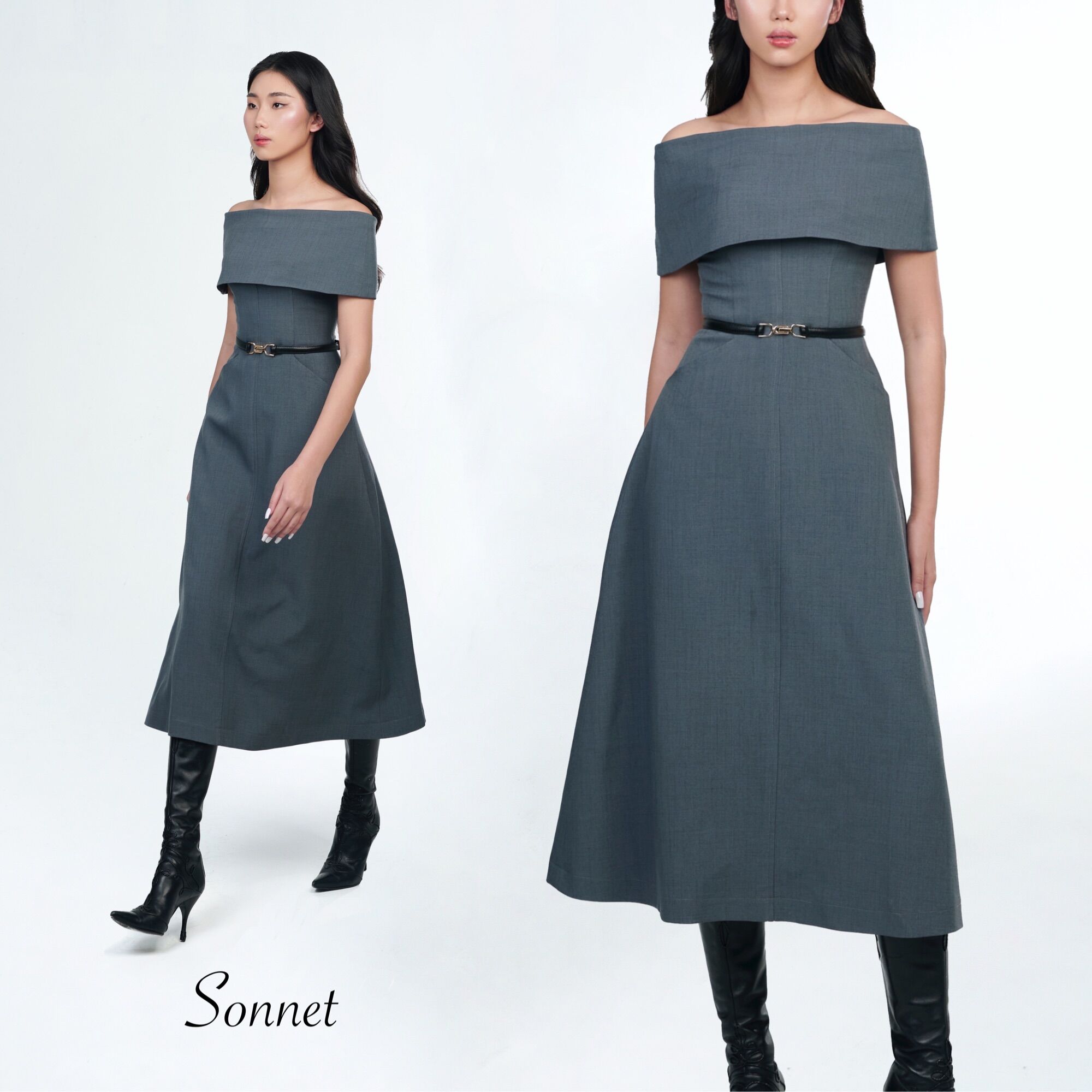 Đầm thiết kế cao cấp body trễ vai tiểu thư sang chảnh dáng dài xanh ghi- Jo Dress
