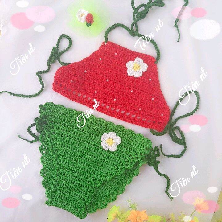 Đồ bơi bikini len 2 mảnh dâu tây cho bé gái, đồ tắm biển len handmade cho bé