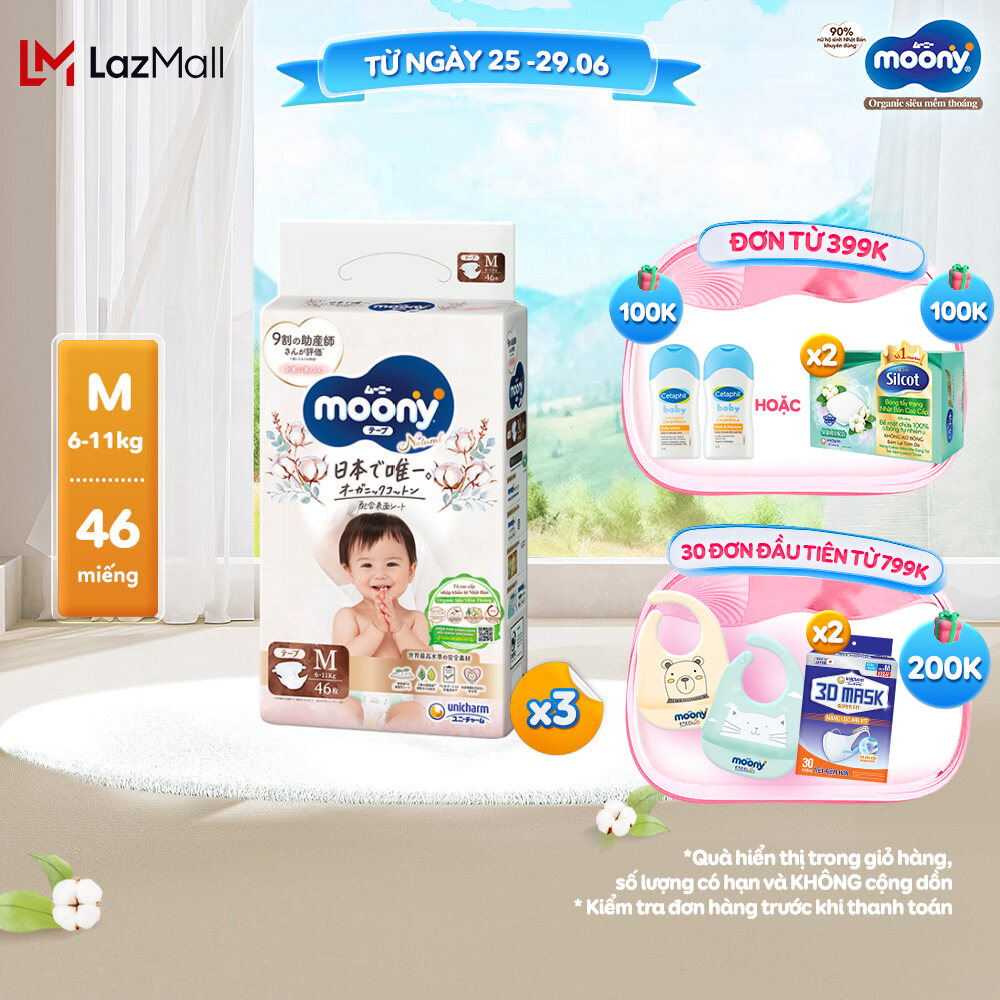 Combo 3 Tã/Bỉm dán organic cao cấp Moony Natural đủ size NB62/S58/M46/L38