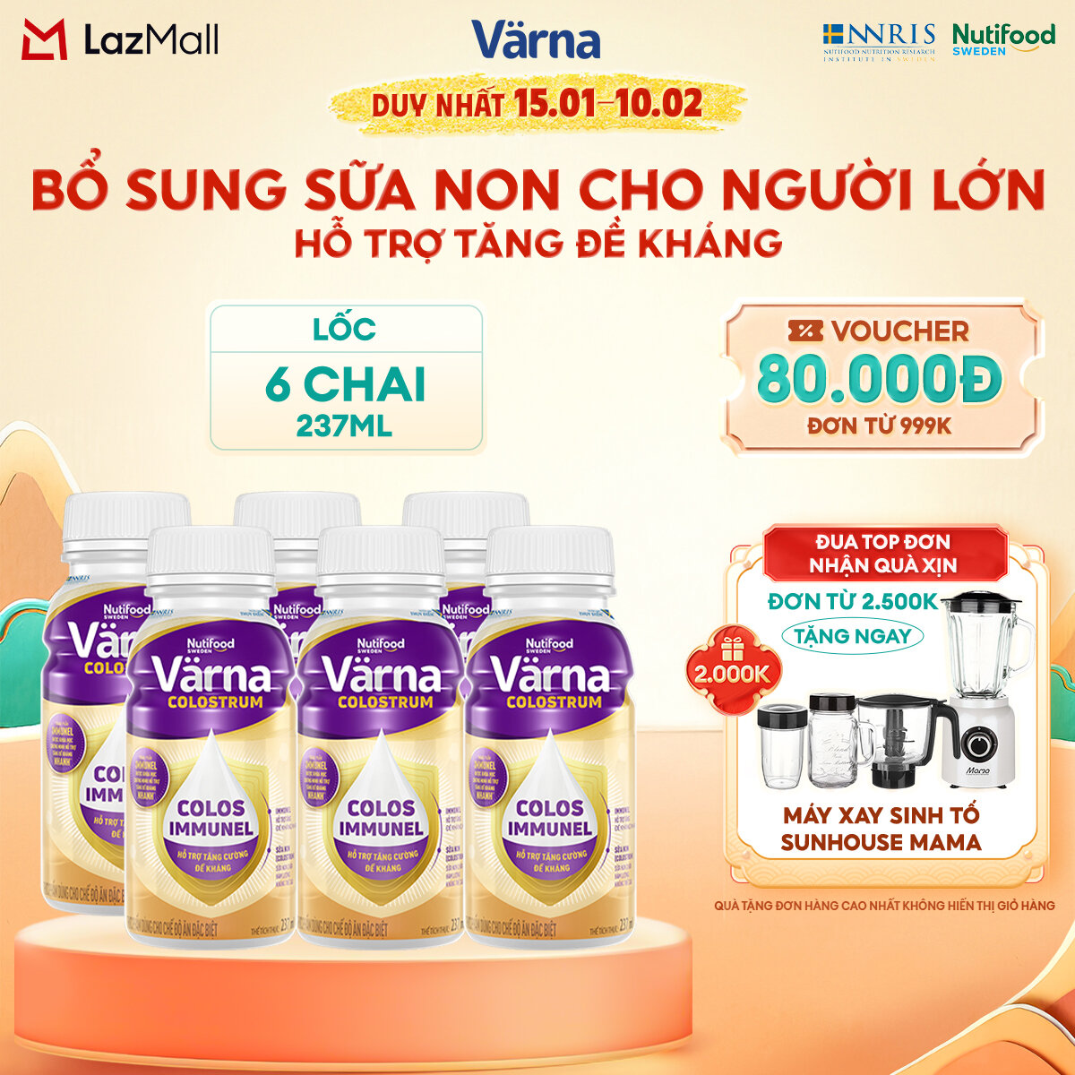 Lốc 6 chai sữa non Colostrum Varna pha sẵn (6 chai x 237ml) - Sữa Cho Người Già Tăng Cường Đề Kháng