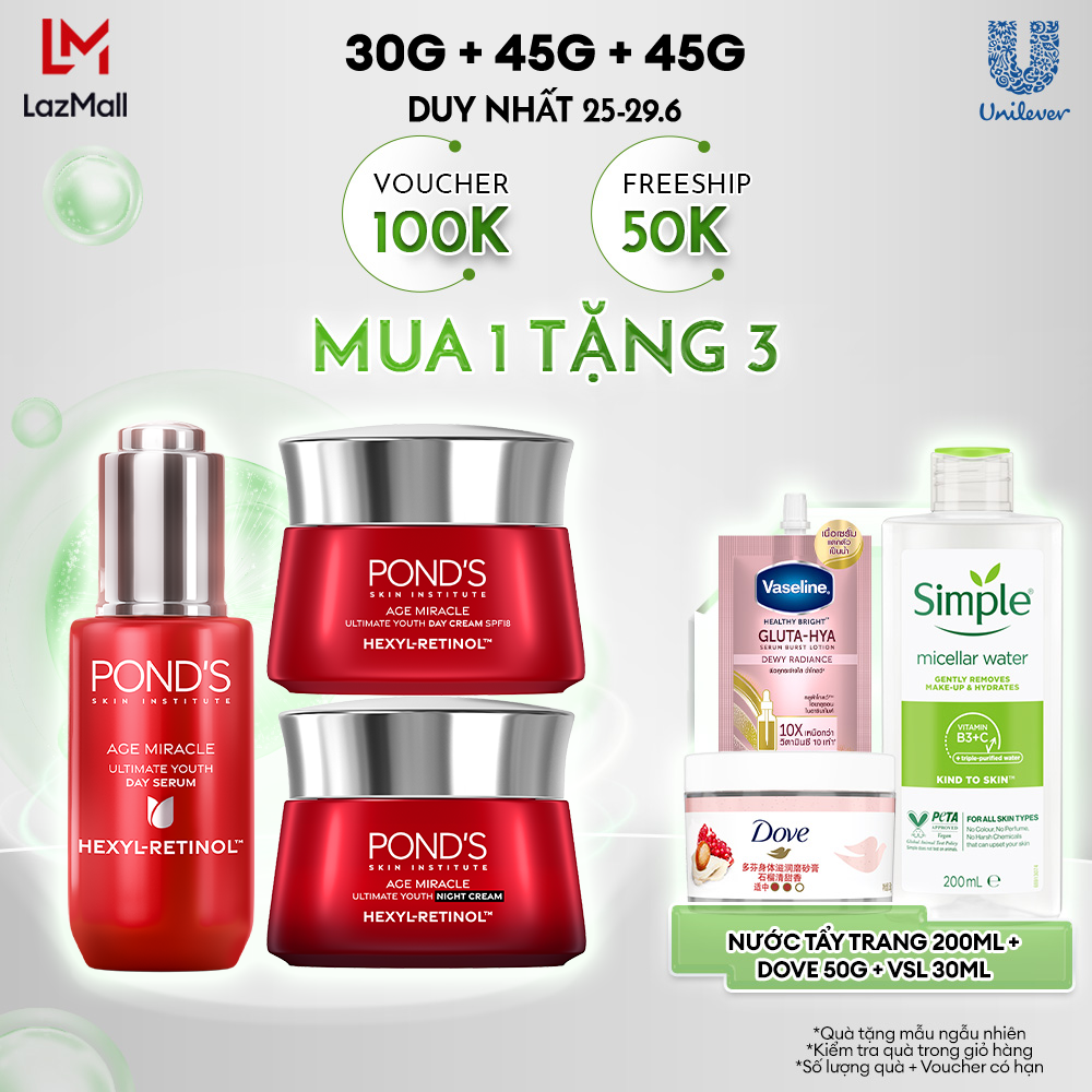 Combo Serum ngày và 2 Kem dưỡng ngày & đêm Pond's Age Miracle mờ đốm nâu, nếp nhăn với 50X Hexyl-Retinol 30G+45G+45G