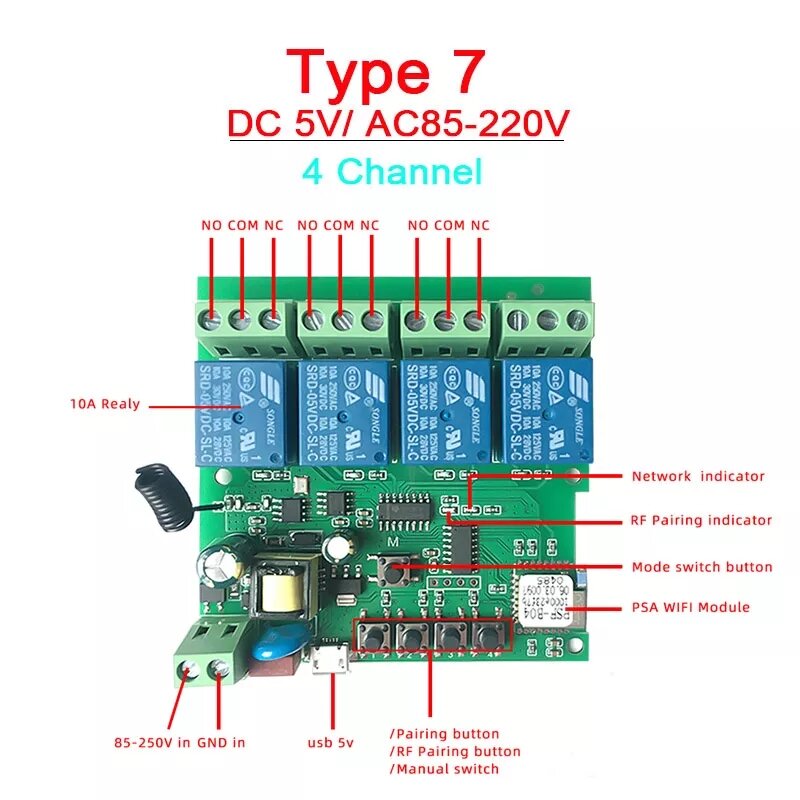 4ch on/off WiFi + RF on/off switch individual 4 lights (4ch Smart Switch)