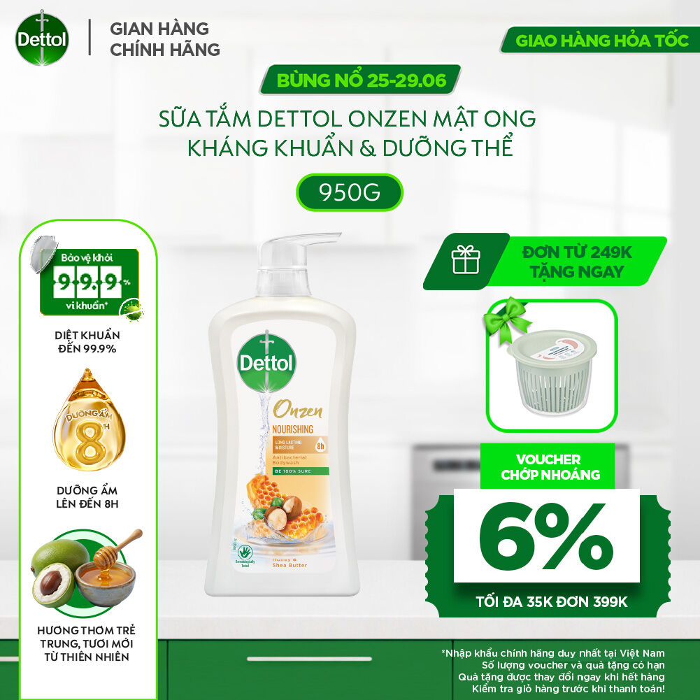 Sữa tắm Dettol Onzen Dưỡng Da Mật Ong Kháng Khuẩn Dưỡng Thể 950g