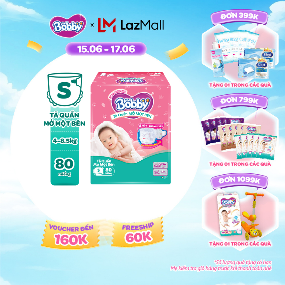 [SALE CUỐI THÁNG tặng QUÀ TO-SLCH][TẶNG MIẾNG] Tã quần mở một bên Bobby dành cho bé sơ sinh size S80