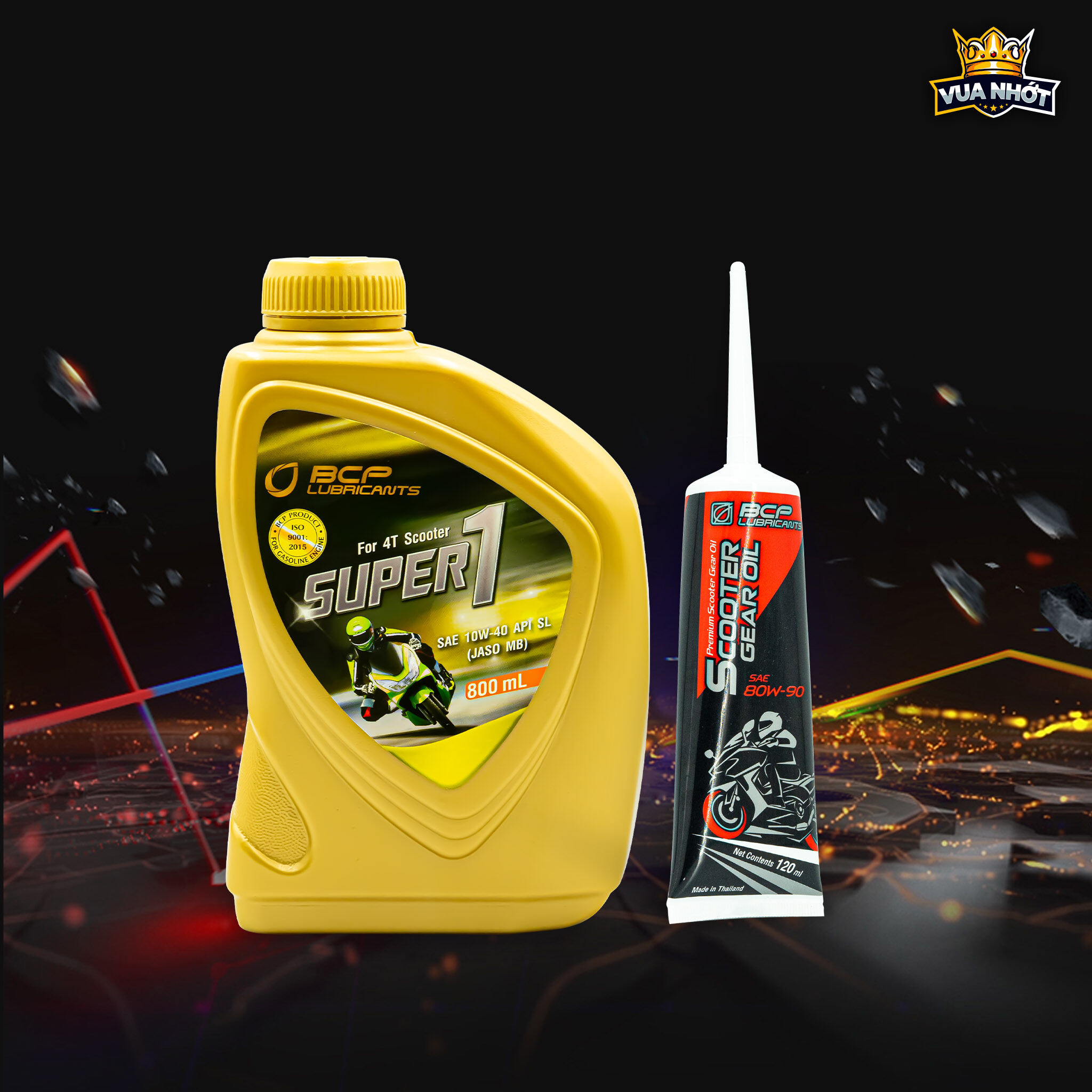 Combo 1 chai nhớt xe ga BCP SUPER 1 SAE 10W40, API SL, JASO MB - 800ml + 1 Nhớt hộp số xe tay ga (nhớt láp) BCP Scooter Gear Oil SAE 80W90, API GL5 - 120ml (Nhập khẩu Thái Lan)