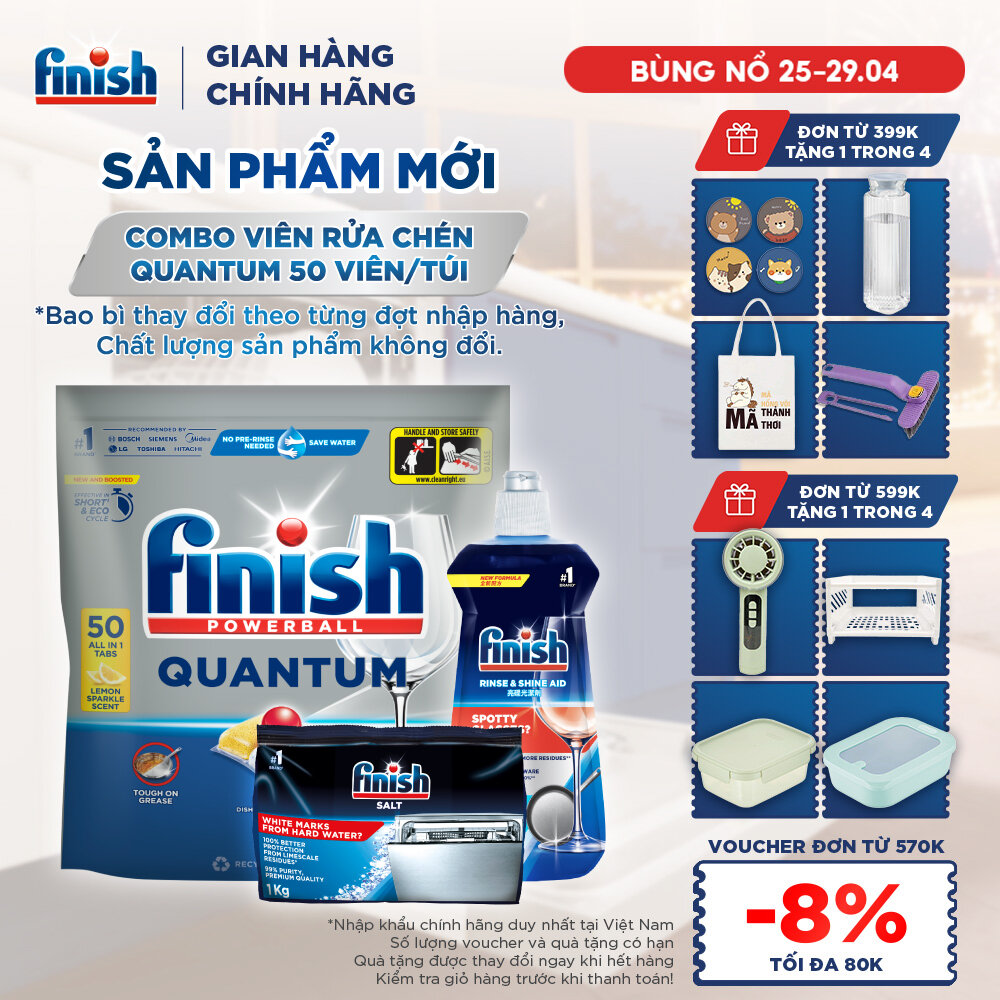 Combo Finish: Viên Rửa Chén Bát Finish Powerball Quantum 50 viên + Nước Làm Bóng 500ml + Muối Rửa Chén Bát 1kg