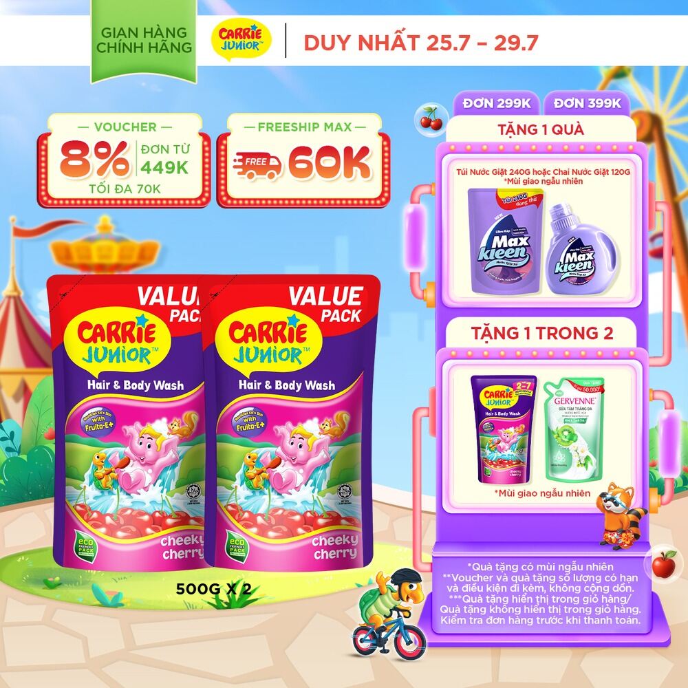 Combo 2 Túi Sữa Tắm Gội Carrie Junior Cho Bé chiết xuất trái cây thiên nhiên Hương Cheeky Cherry 500G