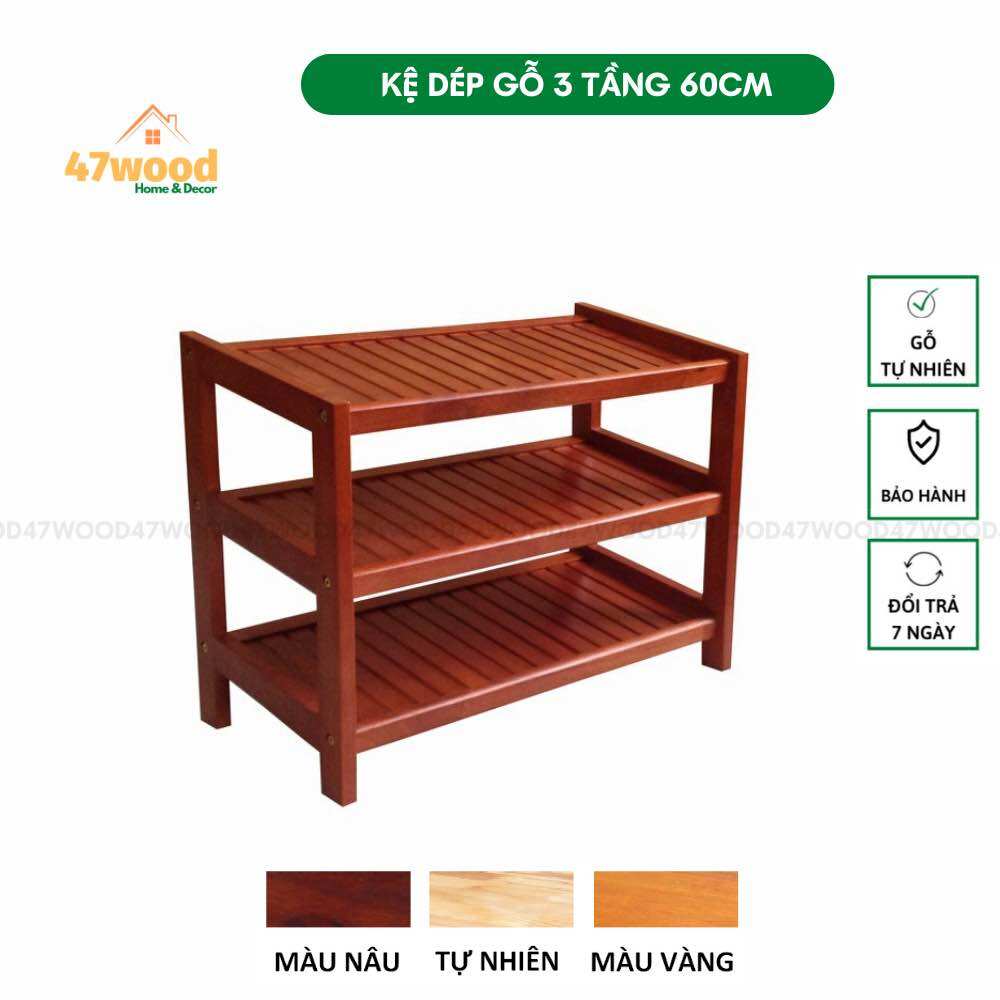 Kệ để giày dép 3 tầng rộng 60cm gỗ cao su chống nước, chắc chắn - Kệ dép gỗ 47wood 3 tầng 60cm