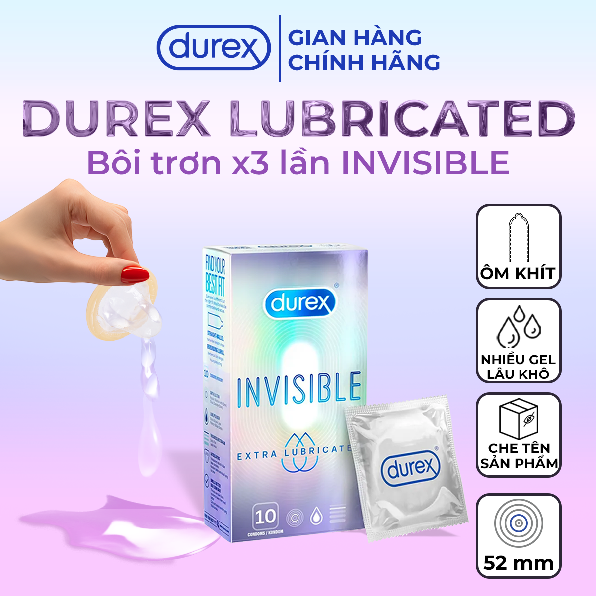 Bao cao su durex siêu mỏng 0.01mm nhiều gel bôi trơn size 52mm hộp 10 cái invisible extra thin extra lubricated - ba con sói for man