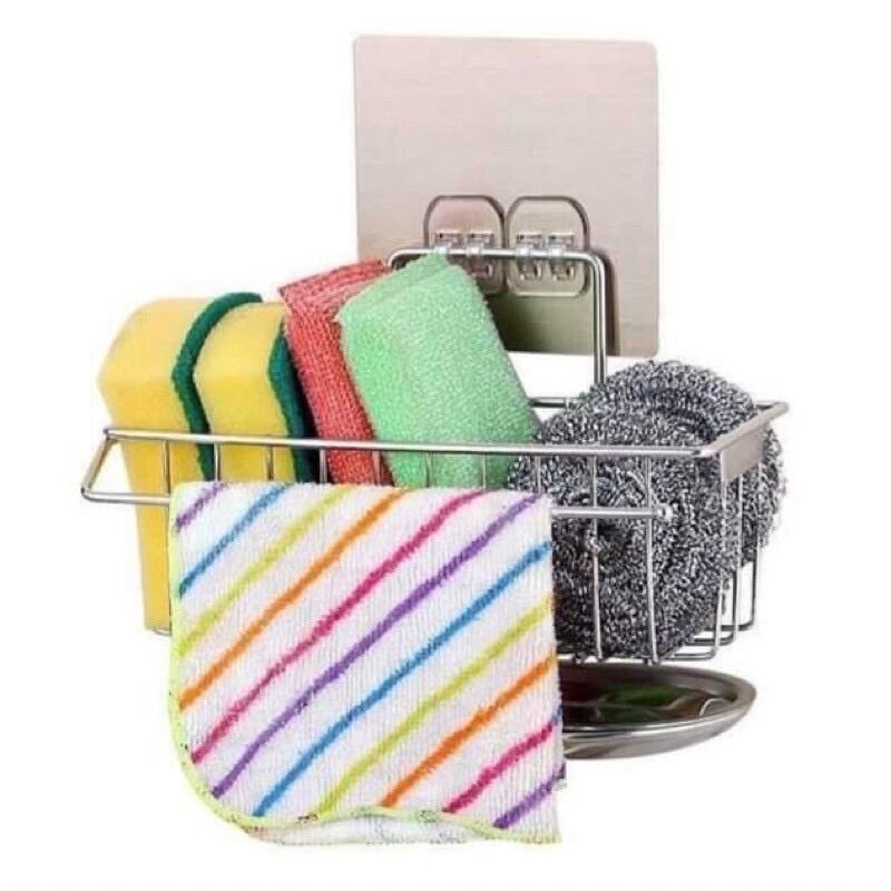 Kệ giỏ inox đựng dụng cụ rửa chén bát kèm miếng dán tường